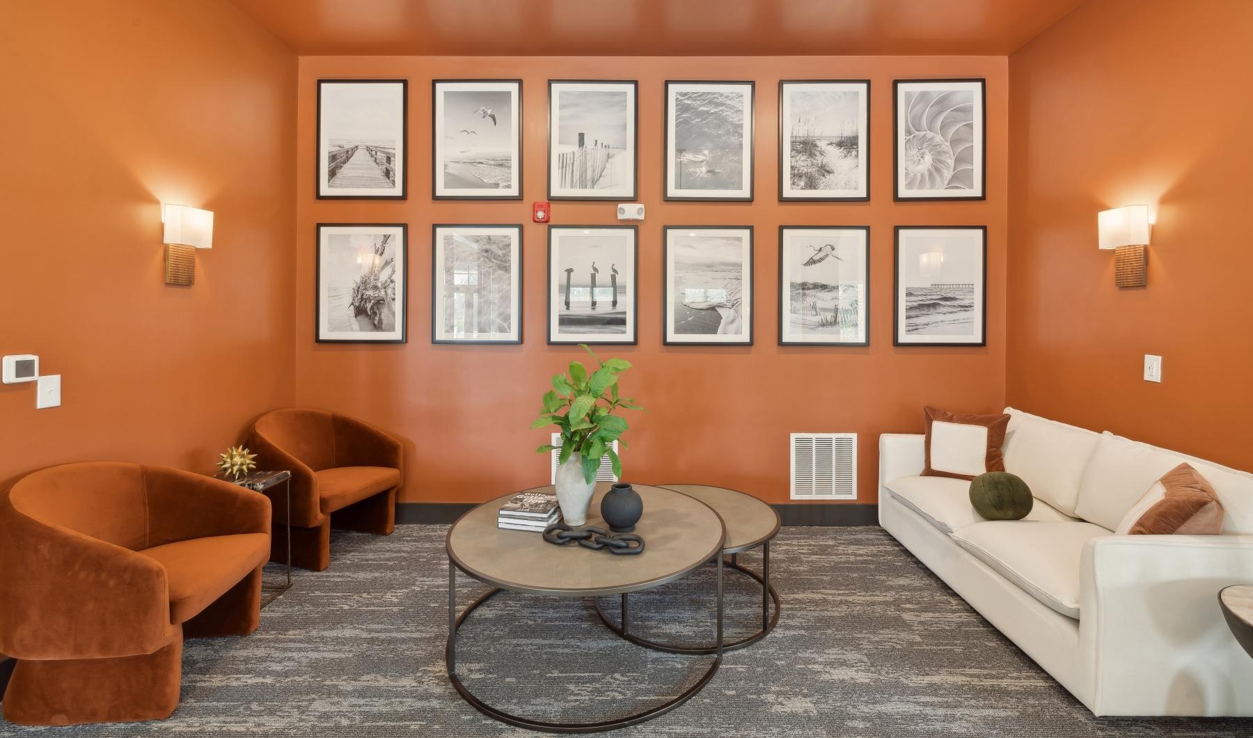 a spacious room with orange walls and with a couch and a coffee table
